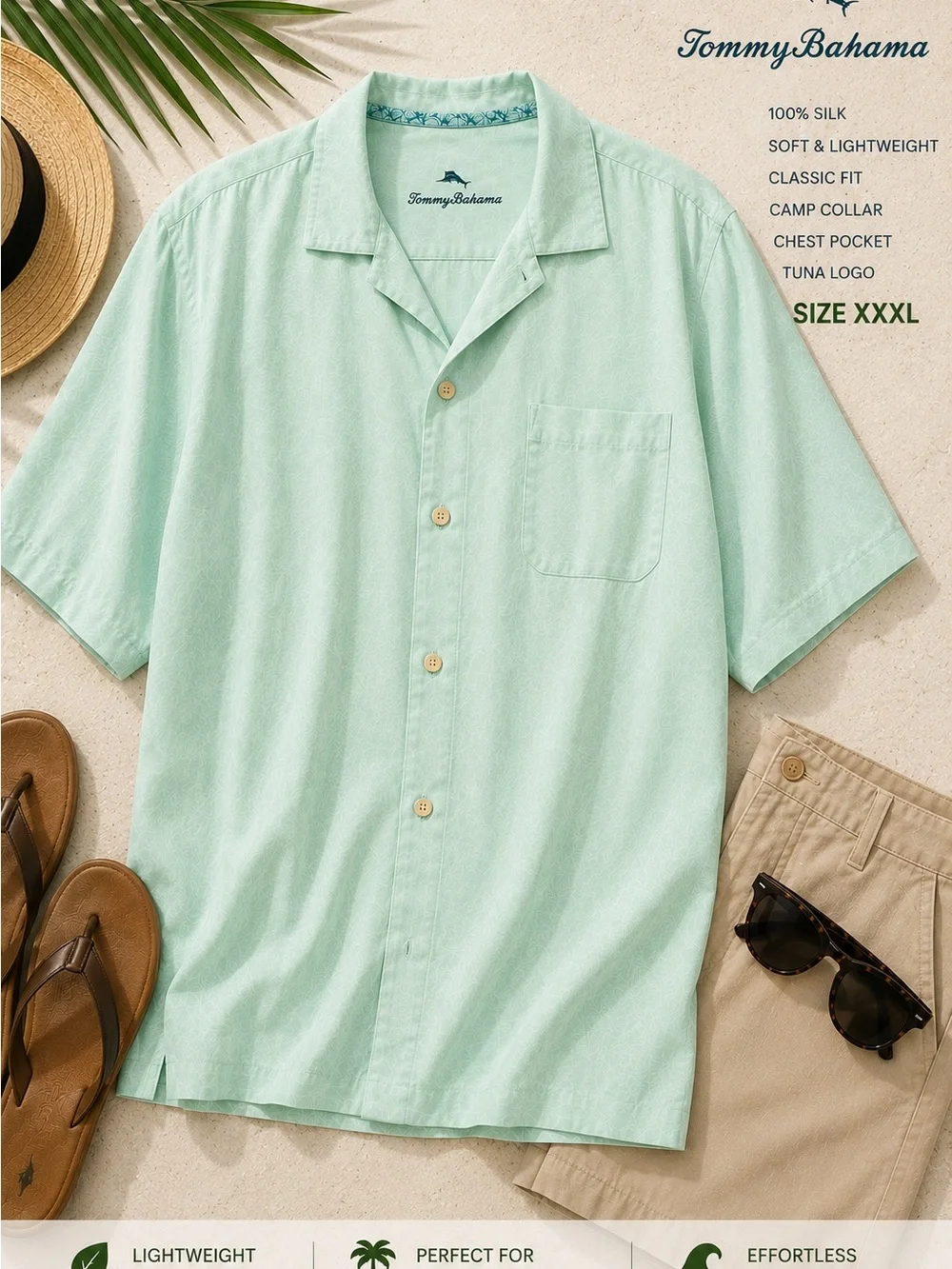 ❌sold❌ Tommy Bahama 100% Silk Mint Green Camp Shirt XXXL